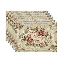 1set/1pc/4pcs/6pcs Shabby Chic Floral Placemats, 100% Linen Woven RectangularTable Decor, Elegant Rose And Lace Design, Machine Washable Polyester Placemat, Protected Tabletop, Heat Resistant, Dirty And Easy To Clean Placemats, Table Decoration, HolidayParty Layout, Desktop Protection, Can Be Used As Gifts