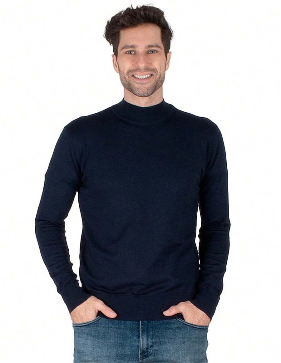 Generra | Men's Casual Lightweight Mock Neck Sweater - Navy Blue - View 1