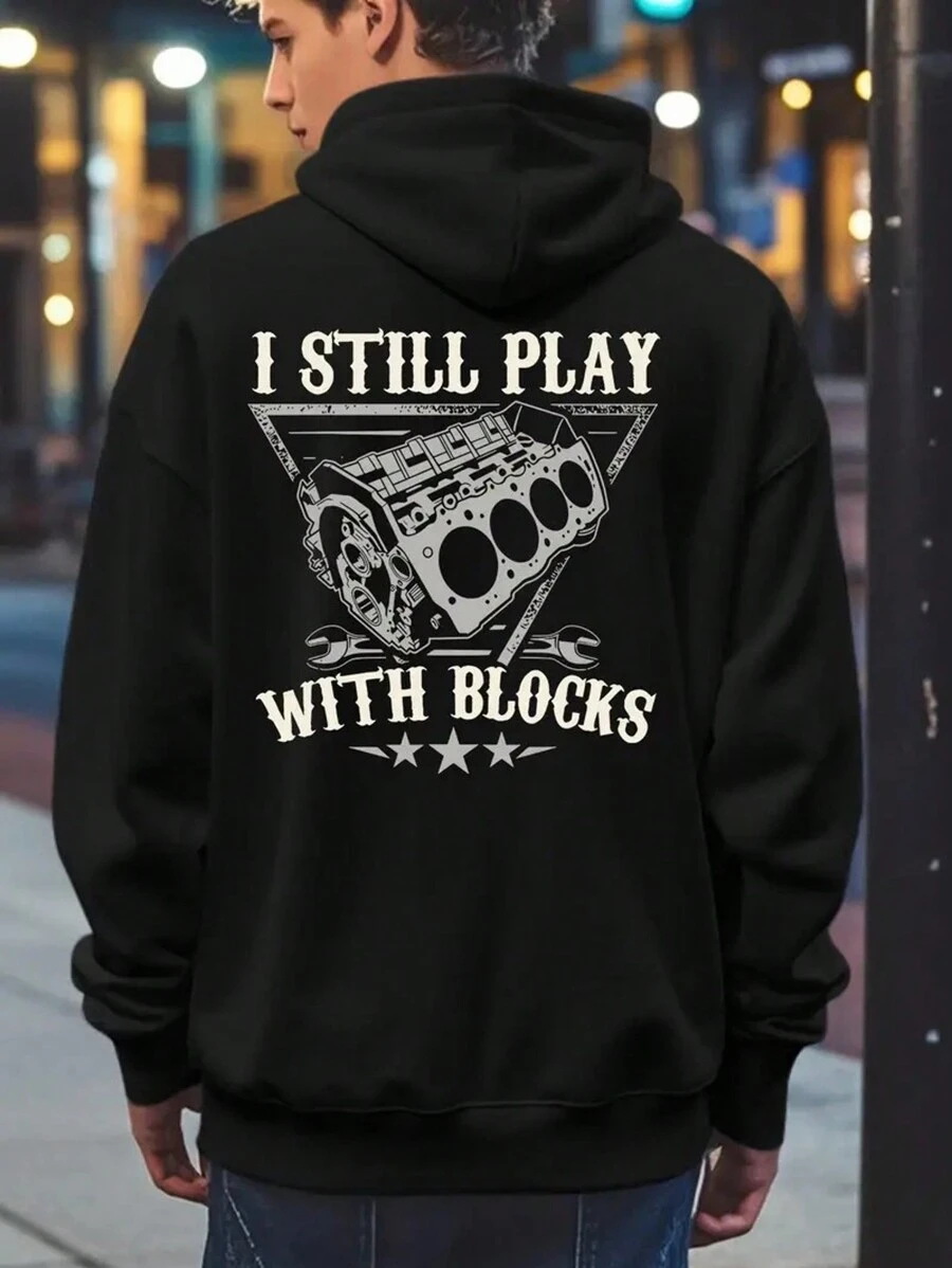 I Still Play With Building Blocks, Car Mechanics, Motors, Engines Print, Men's Casual And Cozy Hoodies, Trendy Long Sleeve Hooded Sweatshirt, Casual Versatile Top For Autumn Winter