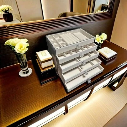 1 个 5 层经典珠宝盒，米色和灰色，天鹅绒衬里，水晶手柄，塑料顶面，抛光表面，多抽屉，多用途储物柜，适用于家庭和厨房