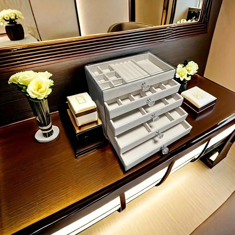 1pc 5-Layer Classic Jewelry Box, Beige & Gray Color, Velvet Lining, Crystal Handle, Plastic Top Surface, Polished Finish, Multi-Drawer, Multipurpose Storage Cabinet, Suitable For Home And Kitchen