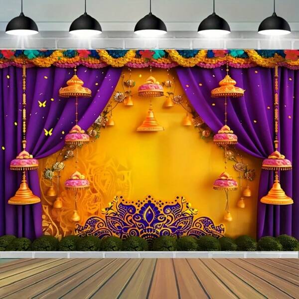 Multipurpose Polyester Floral Wreath With Yellow And Blue Curtain Photography Backdrop - Ideal For Weddings, Diwali Celebrations And More