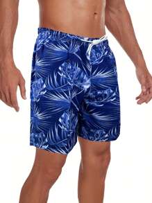 Men's 3D Printed, Drawstring Waist Summer Beach/Swimming Trunks, Suitable For Summer Vacation/Beach/Pool,Hawaiian - Blue and White - View 2