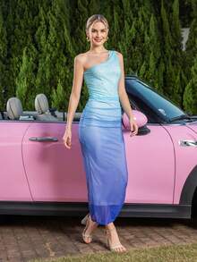 Women Ombre Mesh Rhinestone Decorated Ruched Slim Fit Party Evening Dress, Fashionable Apparel Suitable For Various Occasions, Wedding Guest Dress - Multicolor - View 4