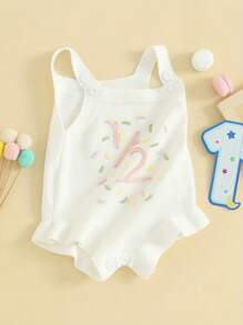 Infant Baby Girls Summer Romper Sleeveless Letter Embroidery Sweater Romper Birthday Clothes Outfits - trắng - Xem 2