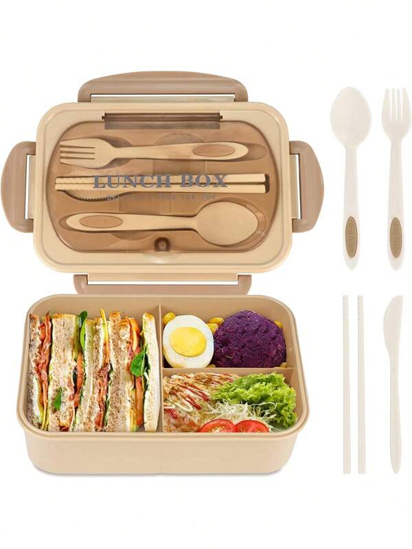 Zestaw Bento Box Lunch Box dla dorosłych, pojemniki dla dorosłych mężczyzn i kobiet z 3 przegródkami, pojemnik na żywność na lunch z przyborami, słoik na sos, papilotki do muffinów, mikrofalówka i zmywarka, brązowy, (wyślij noże, widelce, łyżki i pałeczki), kuchnia, prezent świąteczny