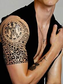 1 foglio di grandi dimensioni di adesivi per tatuaggi temporanei per il corpo da donna o uomo, stile totem retrò, motivo a spirale totem nero, tatuaggio finto impermeabile, dura 2-5 giorni, copre cicatrici, può essere usato su braccia, polsi, spalle, gambe, collo, mano, petto, dita, caviglia - nero - Visualizzare 3