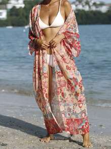 Women's Bikini Cover-Up Kimonos Robe Floral Print Long Sleeve Cardigans For Summer - Orange - View 5