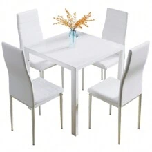 Glass Table And Chairs Set 4, 75cm Square Table With 4 Faux Leather High Back Chairs Modern Dining Room Sets For Home Kitchen Office - White - View 10