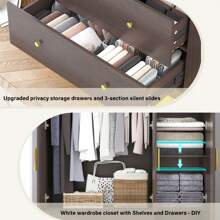 3 Doors Wardrobe Closet With Mirror & LED Lights, Bedroom Armoire With Drawers & Shelves, Modern Wooden Armoire Wardrobe Closet With Hanging Rod For Bedroom,Brown - 棕色 - 查看 6