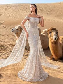 Faeriesty 奢华露肩美人鱼裙摆串珠礼服及晚礼服，适合派对、婚礼等场合，优雅迷人。 - 香檳色 - 查看 2