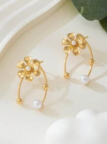 1 对奢华优雅百搭仿珍珠鸢尾花设计耳钉，适合女士日常佩戴和约会 - 彩色 - 查看 5