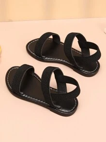 1 paar meisjes eenvoudige effen zwarte casual sandalen, zachte en comfortabele stoffen bandjes met TPR-zool, verstelbare dubbele elastische banden, platte hak, geschikt voor school, reizen en dagelijks gebruik