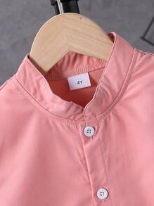 男童休闲纯色印花短袖衬衫+短裤两件套，适合春夏穿着，学院风 - 粉色 - 查看 4