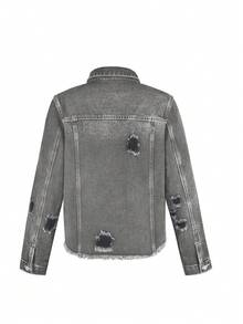 Flap Detail Raw Hem Denim Jacket - Grey - View 5