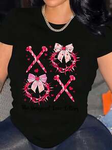 Valentine's Day Casual Crew Neck T-Shirt With XOXO Print, Knit Fabric, Short Sleeve Top For Spring/Summer For Orientation Valentine'S Day - Black - View 1