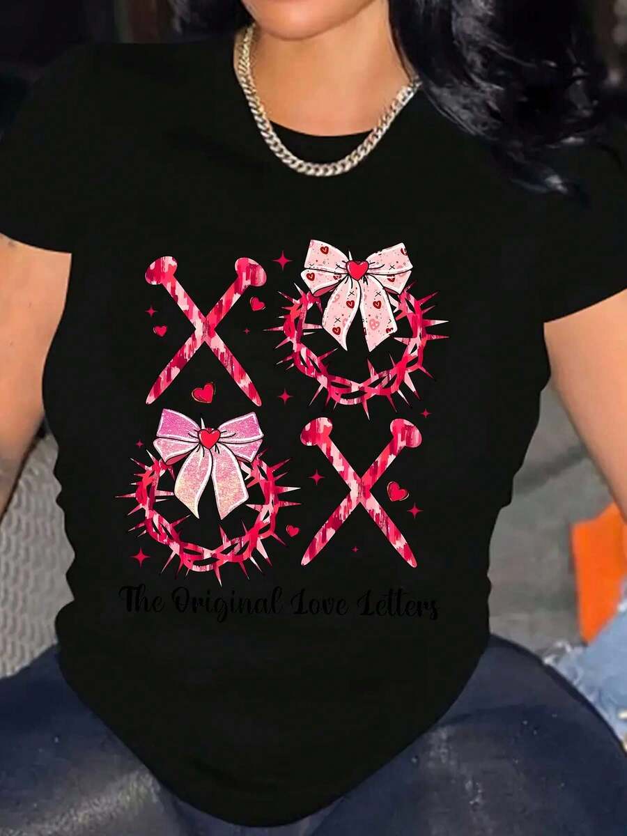 Valentine's Day Casual Crew Neck T-Shirt With XOXO Print, Knit Fabric, Short Sleeve Top For Spring/Summer For Orientation Valentine'S Day - Black - View 1