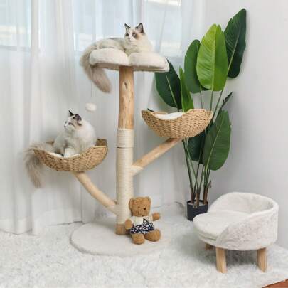 BingoPaw Stabiele kattenkrabpaal 111cm hoge klimboom groot 4 niveaus moderne kattenkrabpaal met 2 kattenmanden kattenmand platform pluche bal 60x60x111cm