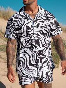 1 Set Men's Casual Allover Print Face & Full Body Design Shirt And 5-Minute Shorts Outfit, Summer - Black - View 1