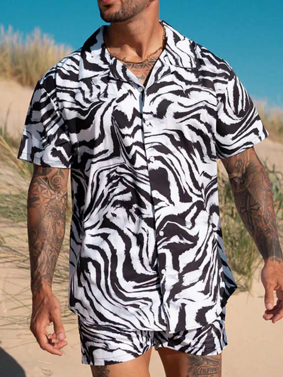 1 Set Men's Casual Allover Print Face & Full Body Design Shirt And 5-Minute Shorts Outfit, Summer - Black - View 1