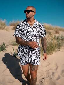 1 Set Men's Casual Allover Print Face & Full Body Design Shirt And 5-Minute Shorts Outfit, Summer - Black - View 2