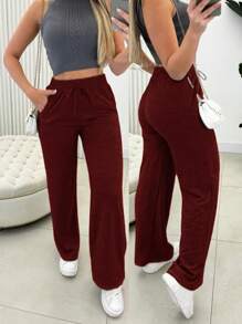 Women's Lace-Up Wide-Leg Pants With Bag For Winter - Màu Đỏ Sâu - Xem 2