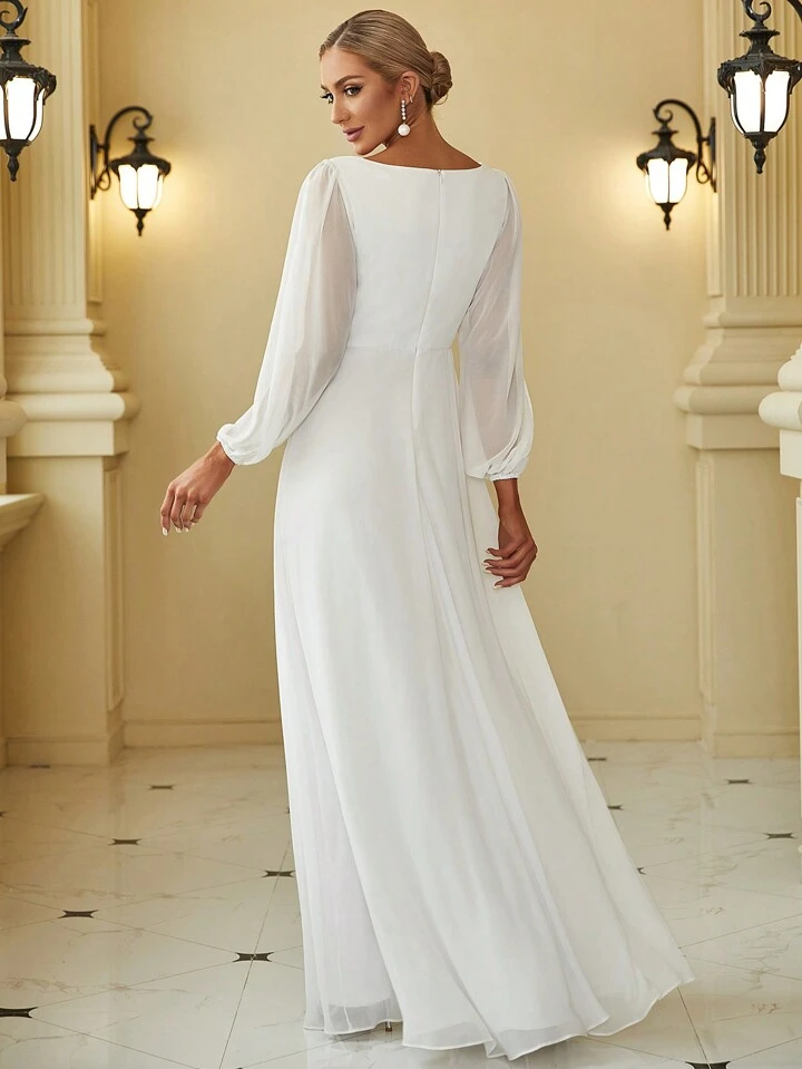 Our Romantic Surplice Neck Split Lantern Sleeve Applique Dress Little White  Dresses Bridal Shower Dress Engagement Dresses Wedding Dresses For Garden  Wedding Party,Bride is such a vibe - ROMWE