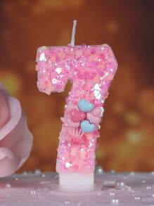 1pc Heart-Shaped Glitter Love Pink Balloon Numeral Birthday Candle, Cake Decoration Party Decor, Anniversary Celebration - Multicolor - View 15