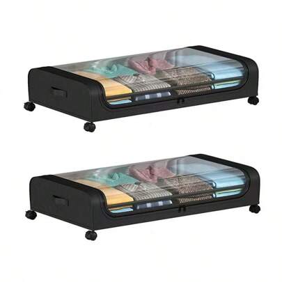 Scatola portaoggetti per fondo letto da 2 pezzi con ruote e coperchio, antipolvere con finestra trasparente, scatola portaoggetti sul comodino