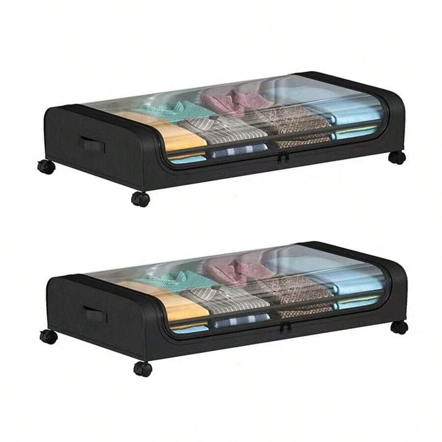 2 uds caja de almacenamiento inferior de cama con ruedas y cubierta, a prueba de polvo con ventana de visualización transparente, caja de almacenamiento para cabecera de cama