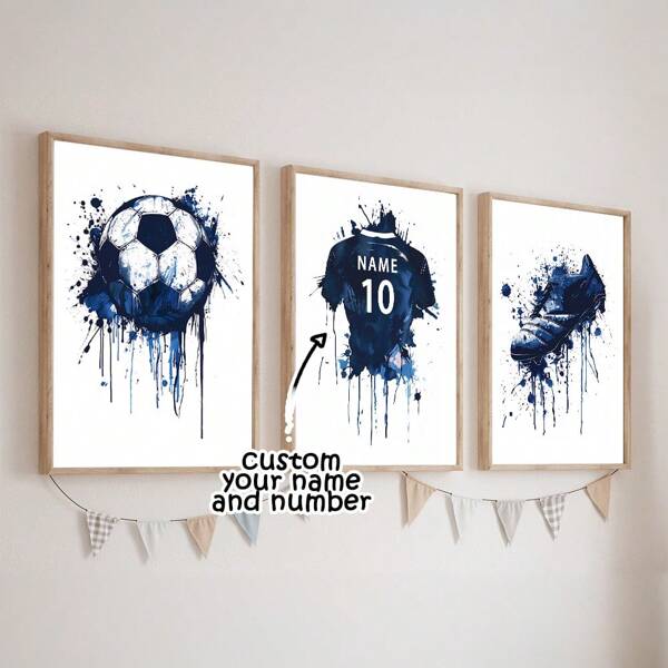 3 piezas de arte de lienzo personalizado con nombre y número - Portero de fútbol sin marco y estampado de jersey, diseño de salpicaduras de grafiti azul y blanco, excelente para habitaciones de adolescentes y espacios de vida, pasillos, regalos de cumpleaños y graduación, multifuncional, ajustable, duradero, ornamental, reutilizable, exquisito, adorable, de alta calidad, moderno, colorido, cómodo, personalizado, único, regalos ideales para ella, novio, papá, mamá, familia, amigos, hijo, hija, oficina, sala de té, escuela, hogar, renovación del hogar, arte de pared personalizado