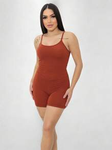 Kit 2 Jumpsuits Ribbed Strappy Rompers Women's Clothing Gym Sports Fitness - Rust Brown - View 4