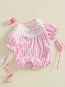 Baby Girl Short Sleeve Romper Letter Embroidered Plaid Smocked Round Neck Ruffled Summer Jumpsuits - Pink - View 2