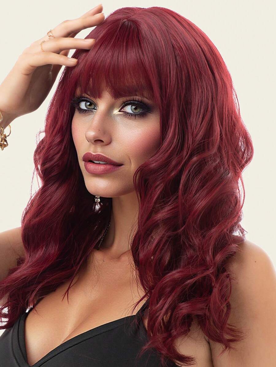 20 英寸女士合成纤维耐热假发头饰，中长发，带刘海，适合日常和派对使用