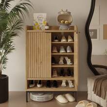 Modern Shoe Cabinet With Fluted Door,5-Tier Farmhouse Shoe Cabinet With 3 Adjustable Shelves,41.5'' Tall Wooden Shoe Rack Organizer Cabinet For Entryway, Hallway,Living Room - Natural - 查看 1
