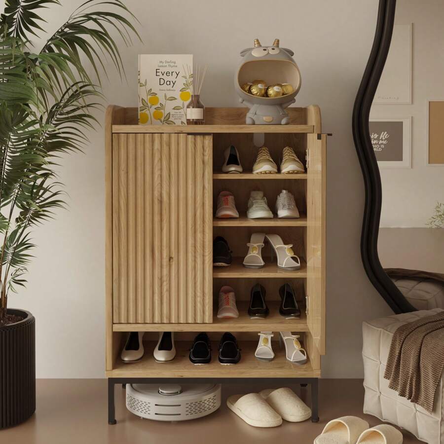Modern Shoe Cabinet With Fluted Door,5-Tier Farmhouse Shoe Cabinet With 3 Adjustable Shelves,41.5'' Tall Wooden Shoe Rack Organizer Cabinet For Entryway, Hallway,Living Room - Natural - 查看 1