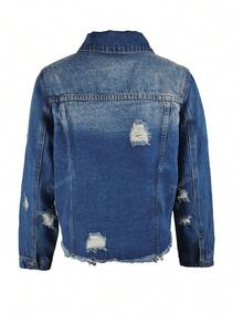 Women's Plain Simple Distressed Washed Denim Jacket, Suitable For Autumn
