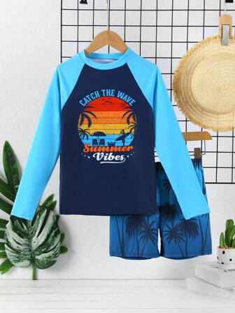 青少年男孩两件套泳衣长袖防晒衣和泳裤套装，防护性强，速干，适合泳池、海滩、水疗中心