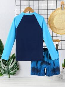 青少年男孩两件套泳衣长袖防晒衣和泳裤套装，防护性强，速干，适合泳池、海滩、水疗中心 - 彩色 - 查看 2