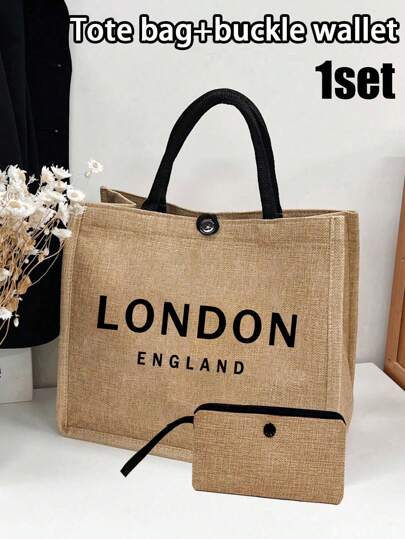 Linen Tote Bag Set, Includes 1 London Letter Pattern Tote Bag And 1 Printed Small Pouch, Customizable Pattern With Letters And Flowers, Yellow Linen Tote Bag With Black Strap, Combination Of Large And Small Bags, Suitable For Weddings, Birthdays, Beaches, Vacations, Perfect Gift For Women, Mothers, Teachers, Friends, Bridesmaids, Students, Back-To-School, Also Great For Beach, Summer, Travel And Vacation