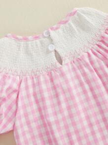 Baby Girl Short Sleeve Romper Letter Embroidered Plaid Smocked Round Neck Ruffled Summer Jumpsuits - Pink - View 5