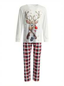 Women Christmas Pajamas Long Sleeves + Trousers Elk Pattern Festive Accessory