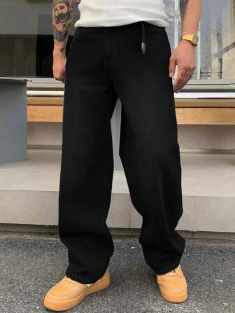 leev 直筒棉质牛仔裤，水洗牛仔布，休闲时尚宽松阔腿水洗牛仔裤，适合情侣