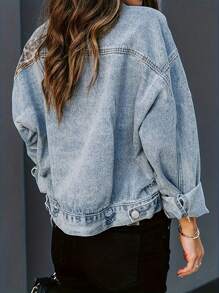 Women's Printed Button Style Slim Fit Long Sleeved Denim Denim Jacket - 藍色 - 查看 2