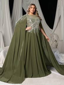 Faeriesty Vestido de noche elegante de gasa con cuentas y mangas con capa dramática para tallas grandes - Vestido de lujo brillante para eventos de etiqueta negra, alfombras rojas de festivales de cine o fiestas de gala