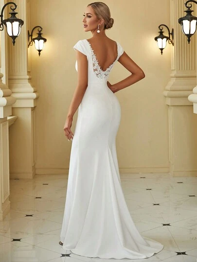 Sexy Elegant Minimalist V Back Lace Patchwork Backless Wedding Dress White Formal Dresses,Bride, For Valentine's Day