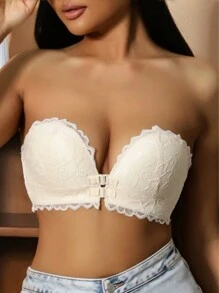 AB Cup Push-Up Lace Bra With Front Closure And Back V-Shape Design, Medium Thick And Anti-Sagging, Lingerie - Apricot - View 6