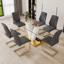 MUUOKY 7-Piece Modern Dining Table Set For 6, 71" Dining Table Set For Dining Room, Tempered Glass Dining Table With Gold V-Shaped Table Base & 6 High Back Dining Chairs With Soft Cushion, Dining Table Set For Dining Room, Living Room, Farmhous, Apt, Easy To Clean, Easy To Assembly, Room Decor, Home Decor, Kitchen Accessories, Valentine Day Decor, Kitchen, Wedding, Valentine Day, Desk - Grey - View 1