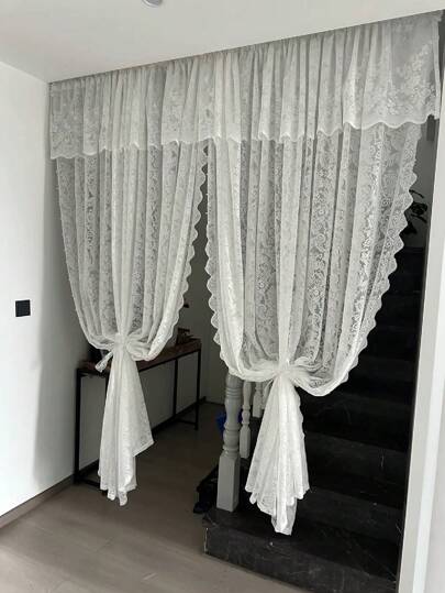 1 Piece White Lace Trim Rod Pocket Curtain, Comfortable Floral Bohemian Sheer Curtains For Room Decor, Home Decoration, Bedroom Living Room, All Season