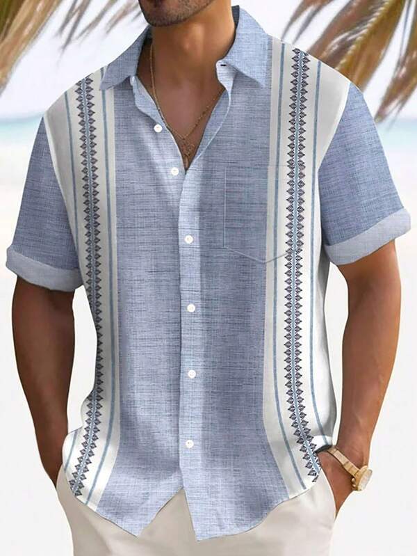Retro Geometric Color Block Textured 3D Digital Print Men's Button Short Sleeve Shirt